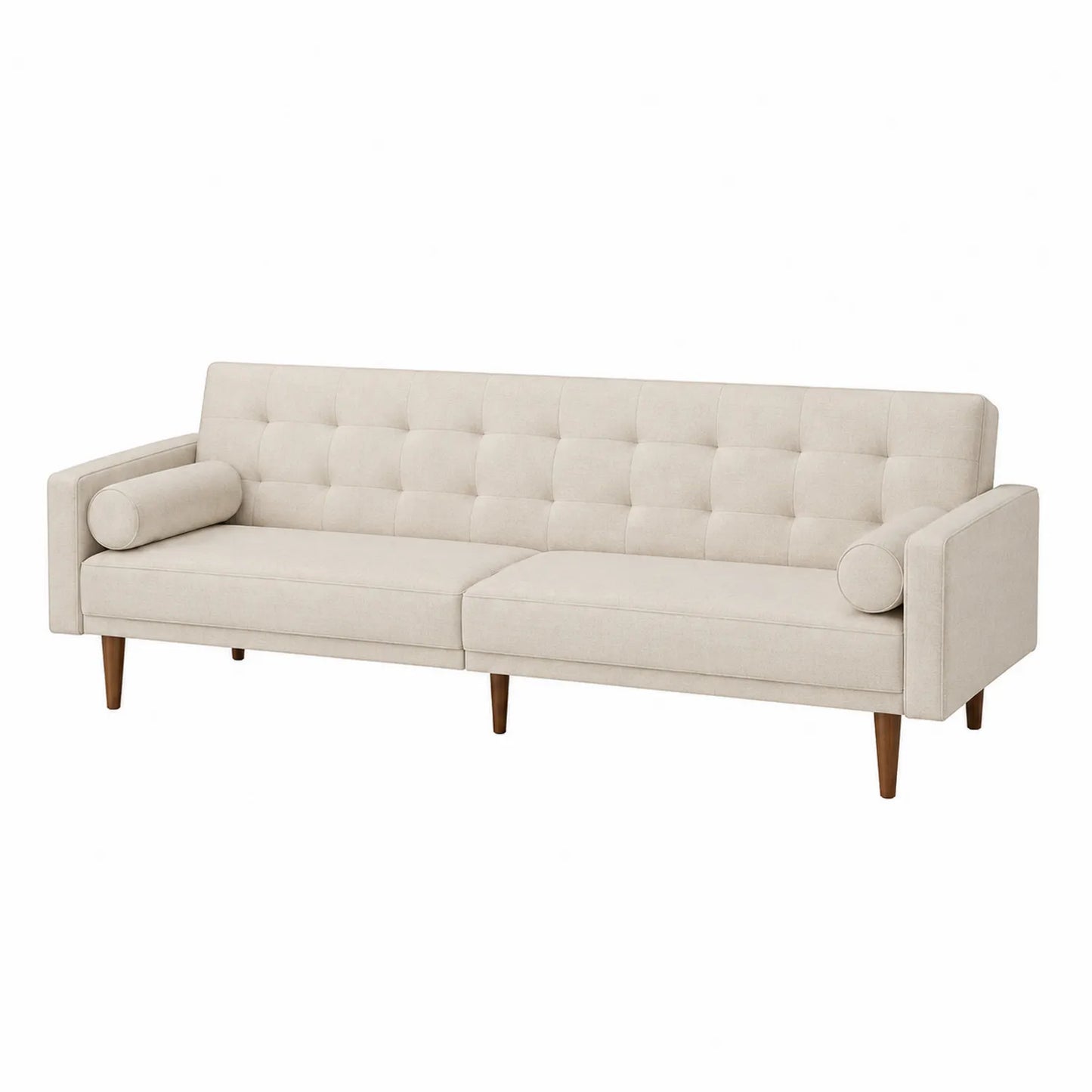 Sofá de tela beige con patas de madera maciza