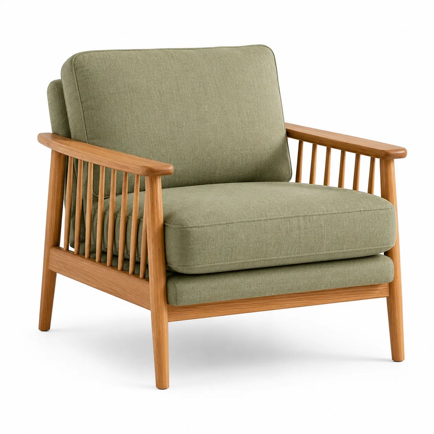 Sillón de madera de roble con cojines de lino verde 75x80x85 cm