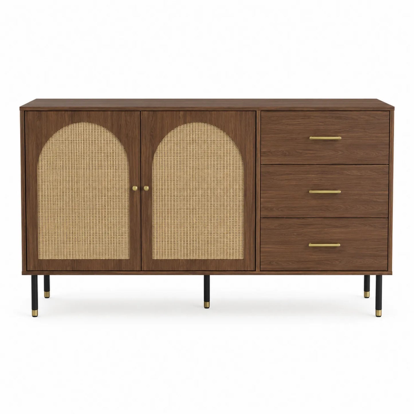 Aparador de Madera con Puertas de Rat¨¢n y 3 Cajones Marr¨®n 152x40x80 cm