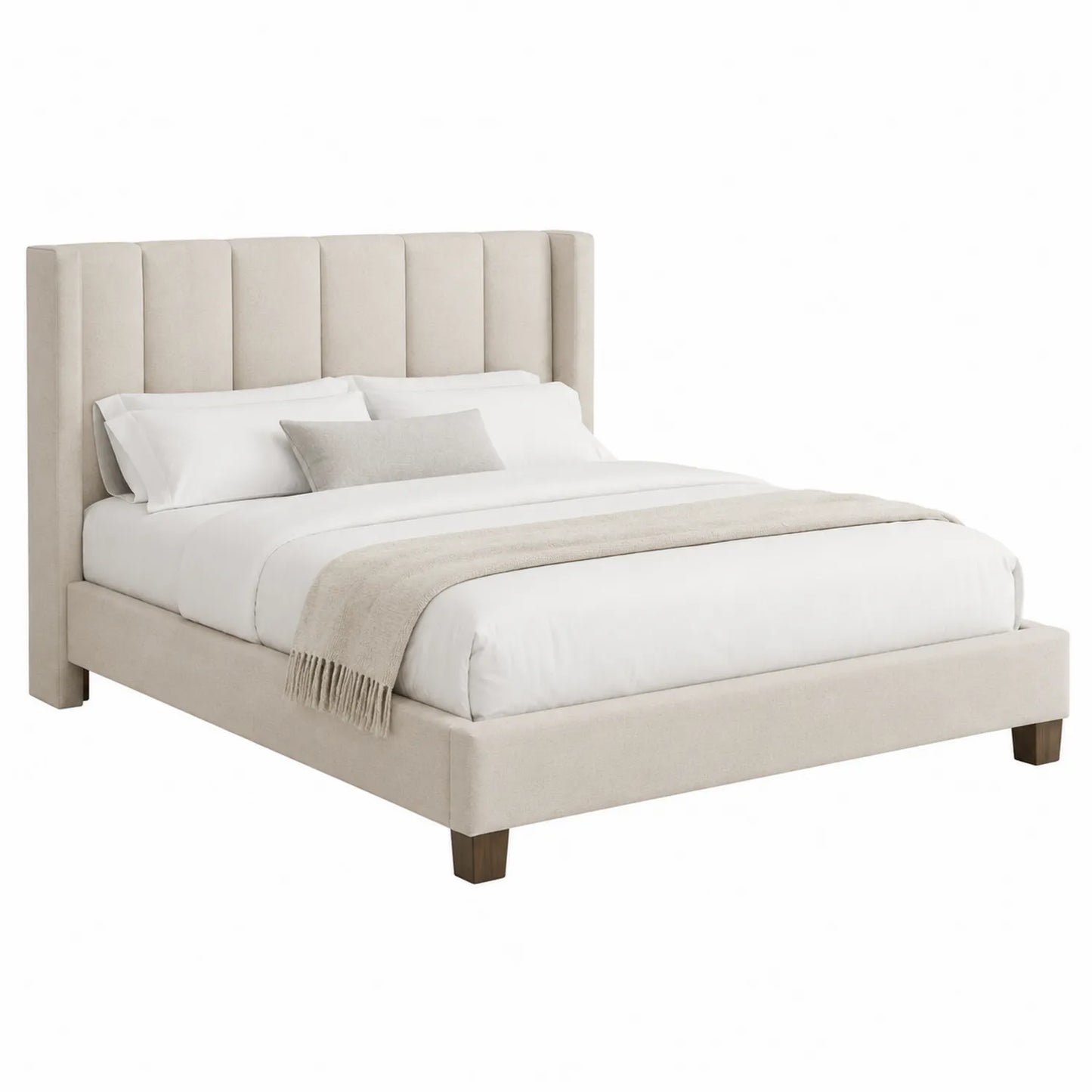 Cama tapizada de poliéster beige con cabecera alta