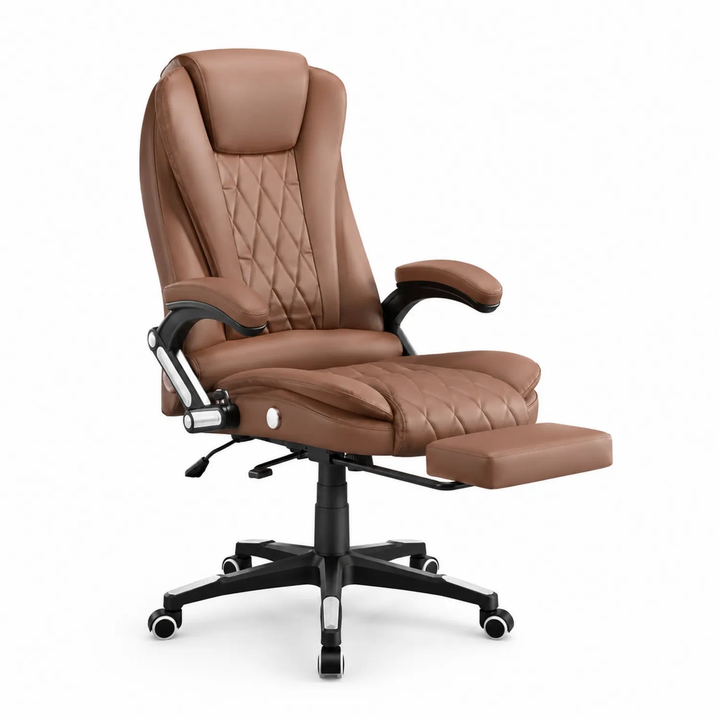 Silla de oficina reclinable de cuero sintético marrón con reposapiés y base giratoria