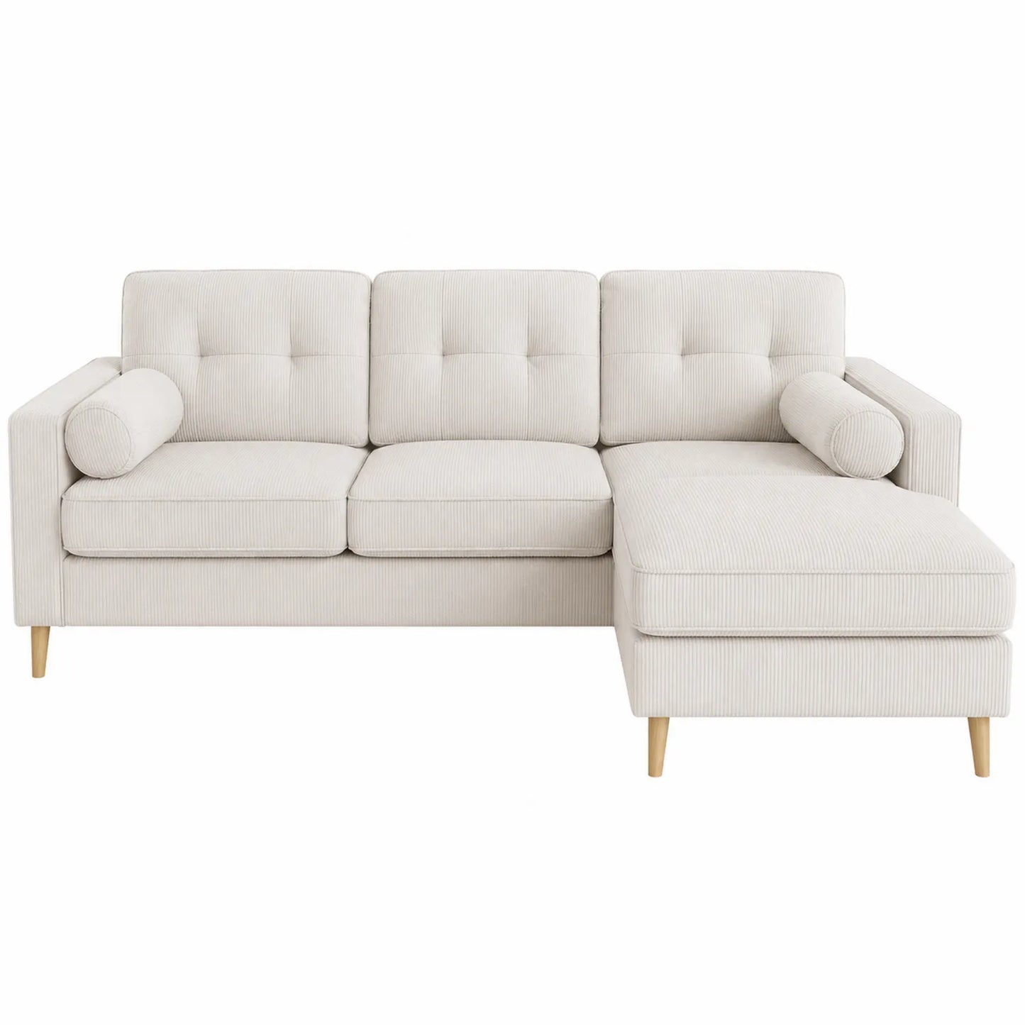 Sofá seccional en forma de L de tela de pana beige con patas de madera 250x150x85 cm