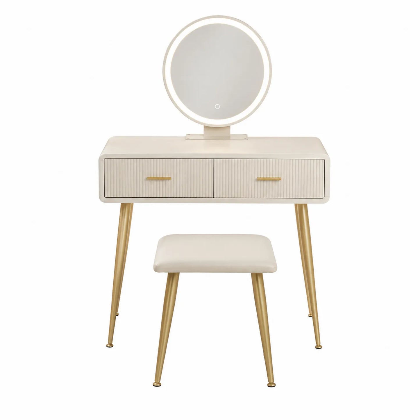 Tocador MDF con Espejo LED Redondo y Taburete, Blanco y Dorado