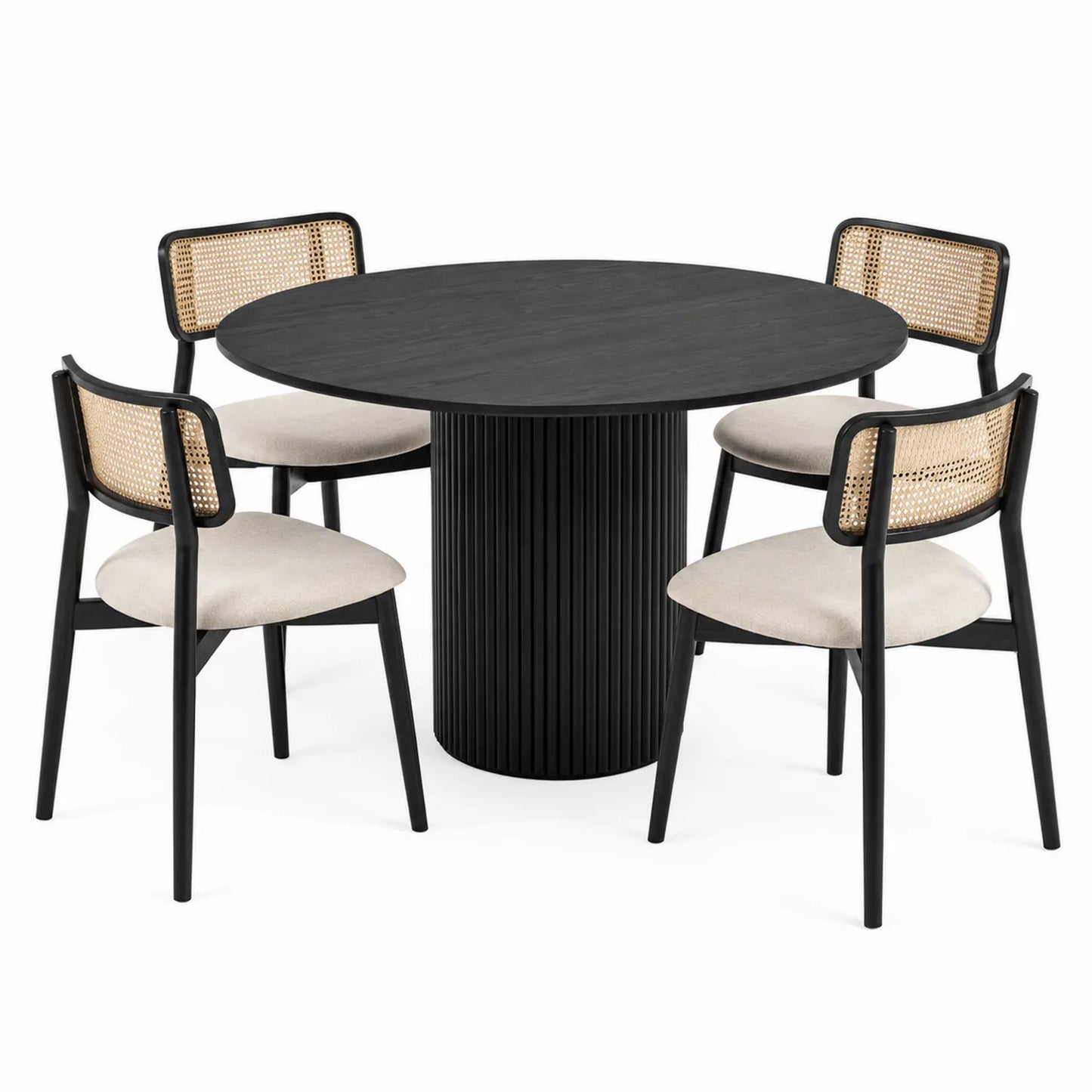 Juego de comedor redondo MDF negro con sillas de ratán y asiento textil