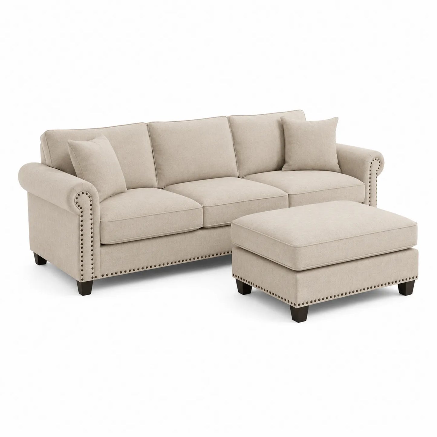 Sofá de Tela con Otomana, 230x90x85 cm, Beige