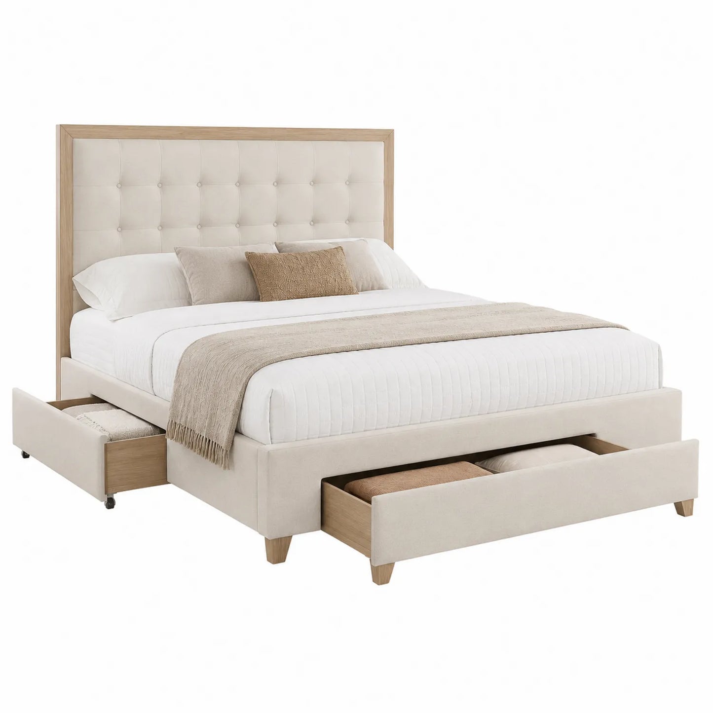 Cama doble con cabecero tapizado y cajones 160x200 cm beige