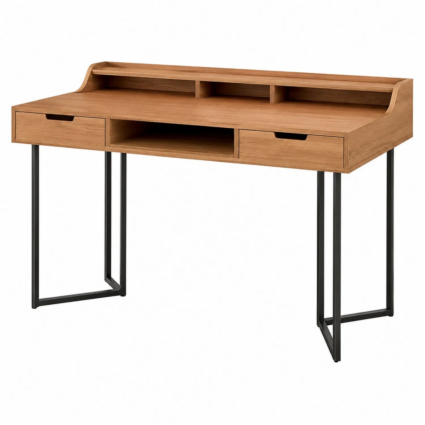 Escritorio de madera y metal con dos cajones y compartimentos, 120x50x85 cm