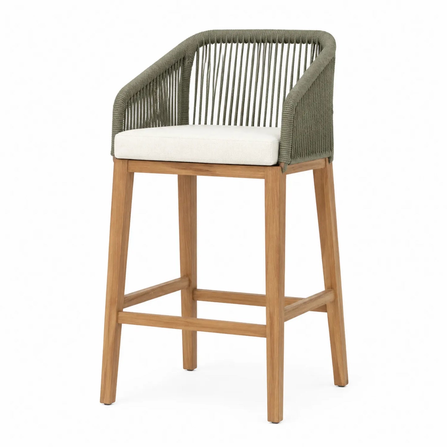 Silla de Madera de Teca con Respaldo de Cuerda Verde y Cojín Beige