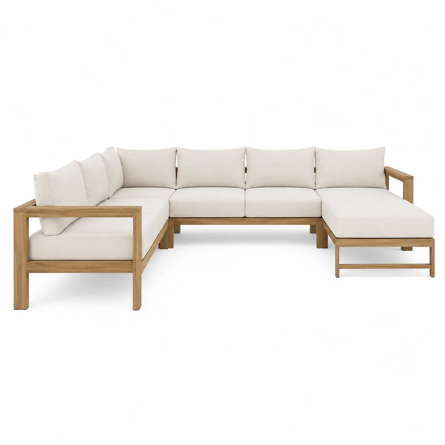 Sofá esquinero de exterior en madera y cojines Beige