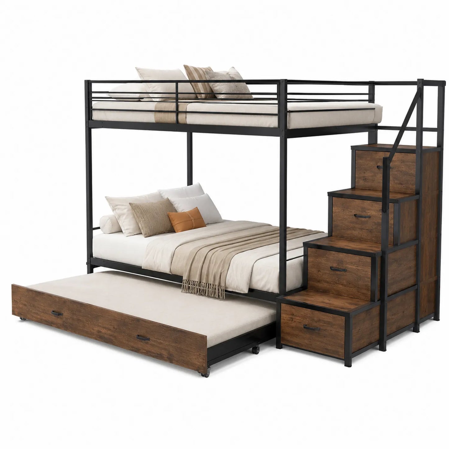 Litera de metal y MDF chapado con cajones y cama nido 200x90 cm