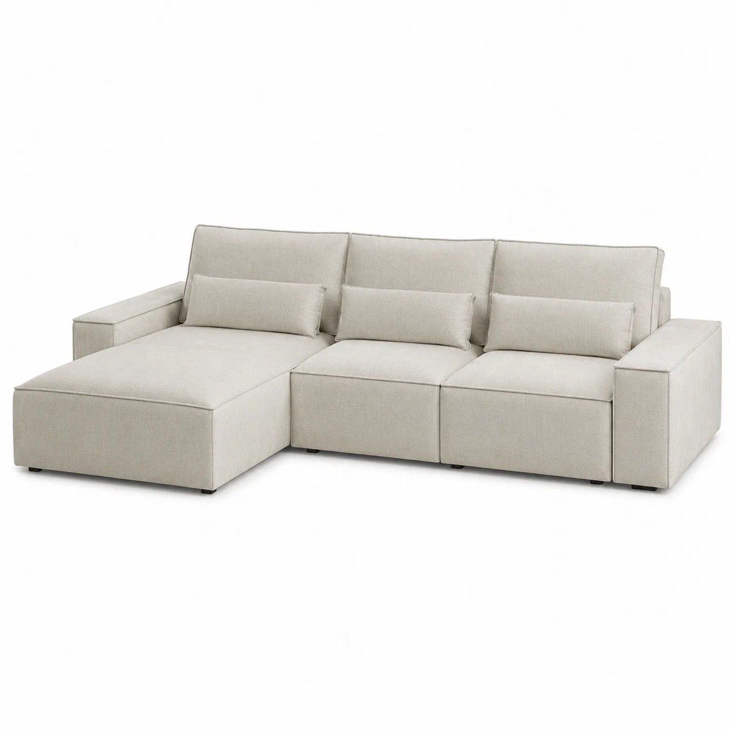 Sofá esquinero modular de madera y poliéster beige con cojines