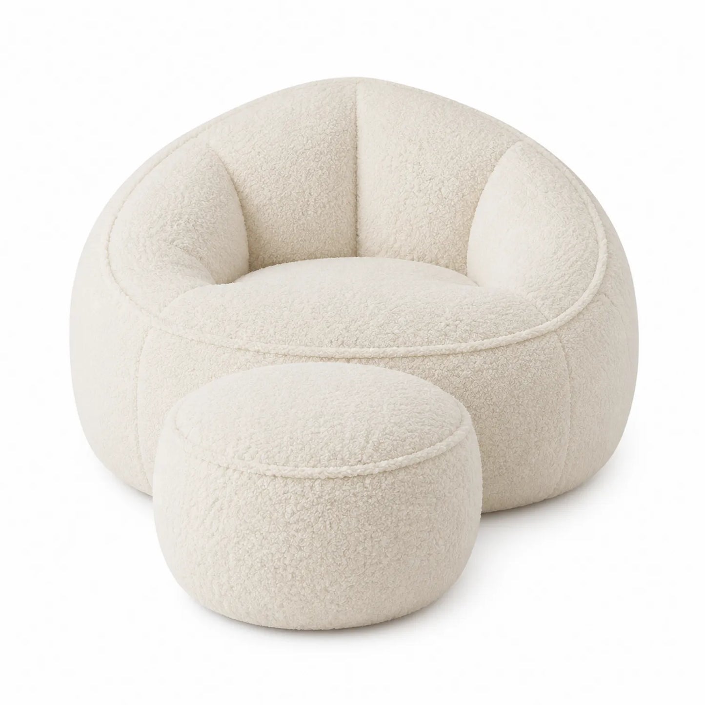 Sillón redondo con reposapiés de tela bouclé Beige
