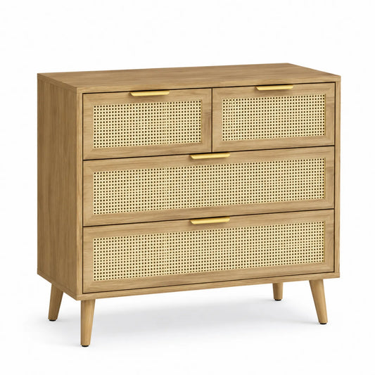 Cómoda de Madera con Cajones de Ratán Natural 80x40x90 cm