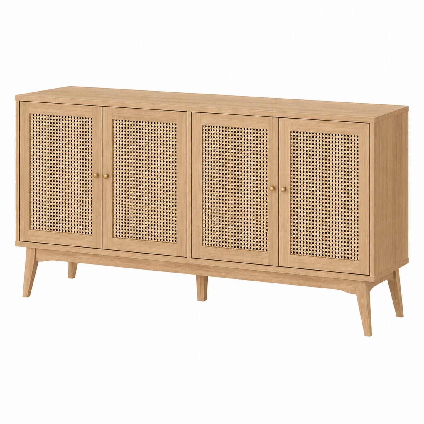 Aparador de Madera de Roble con Rejilla de Rattan 4 Puertas 150x35x80 cm