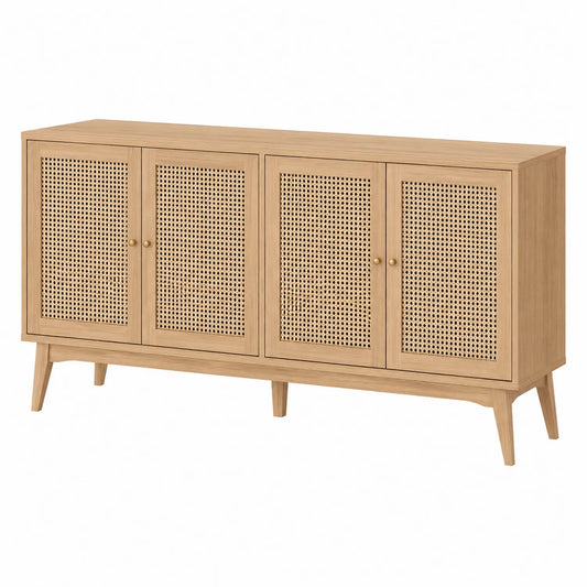 Aparador de Madera de Roble con Rejilla de Rattan 4 Puertas 150x35x80 cm