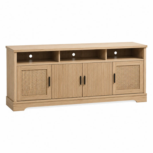 Mueble de TV de Madera Chapada con Puertas de Ratán 180x40x60 cm