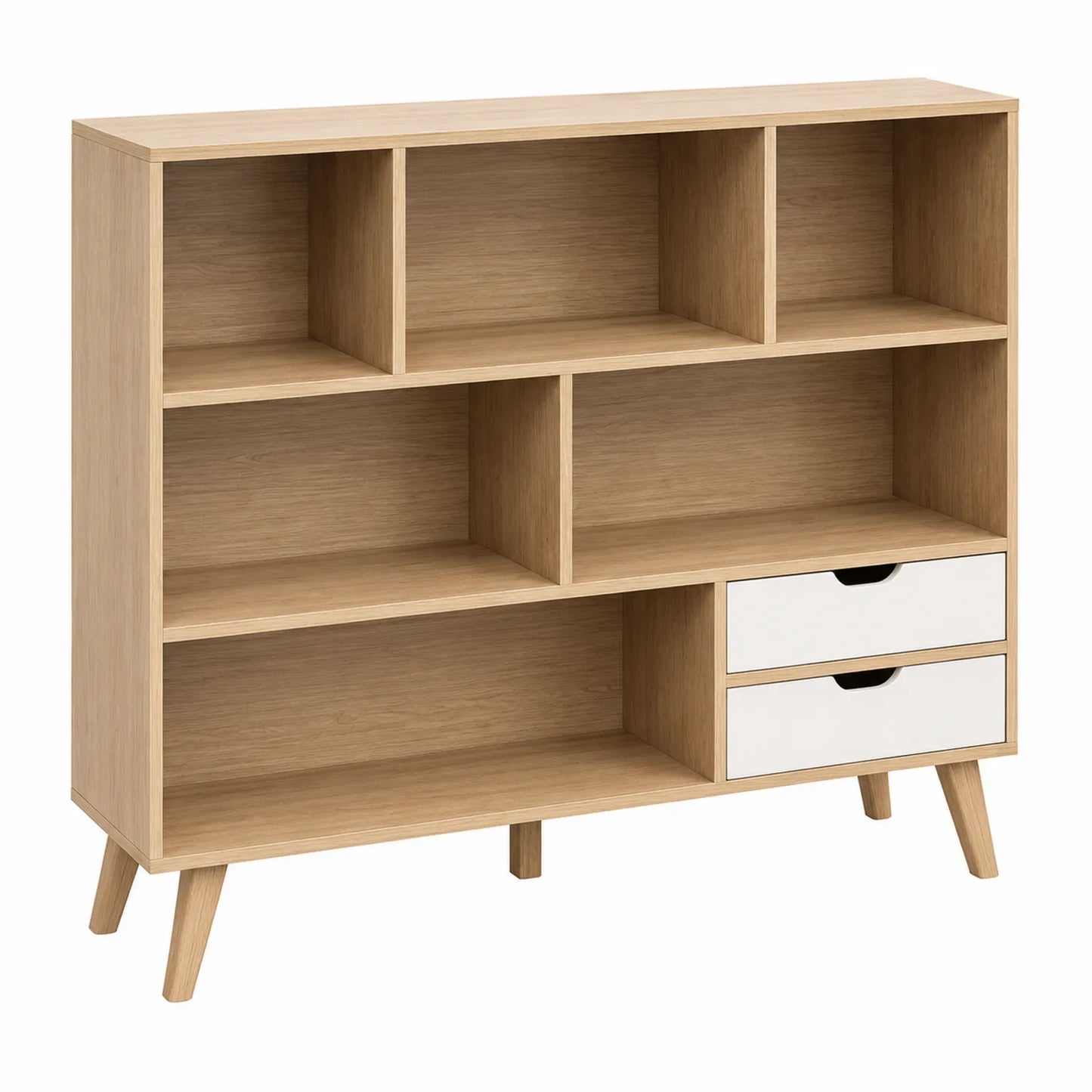 Estantería de MDF con 6 compartimentos y 2 cajones color Roble 90x30x100 cm