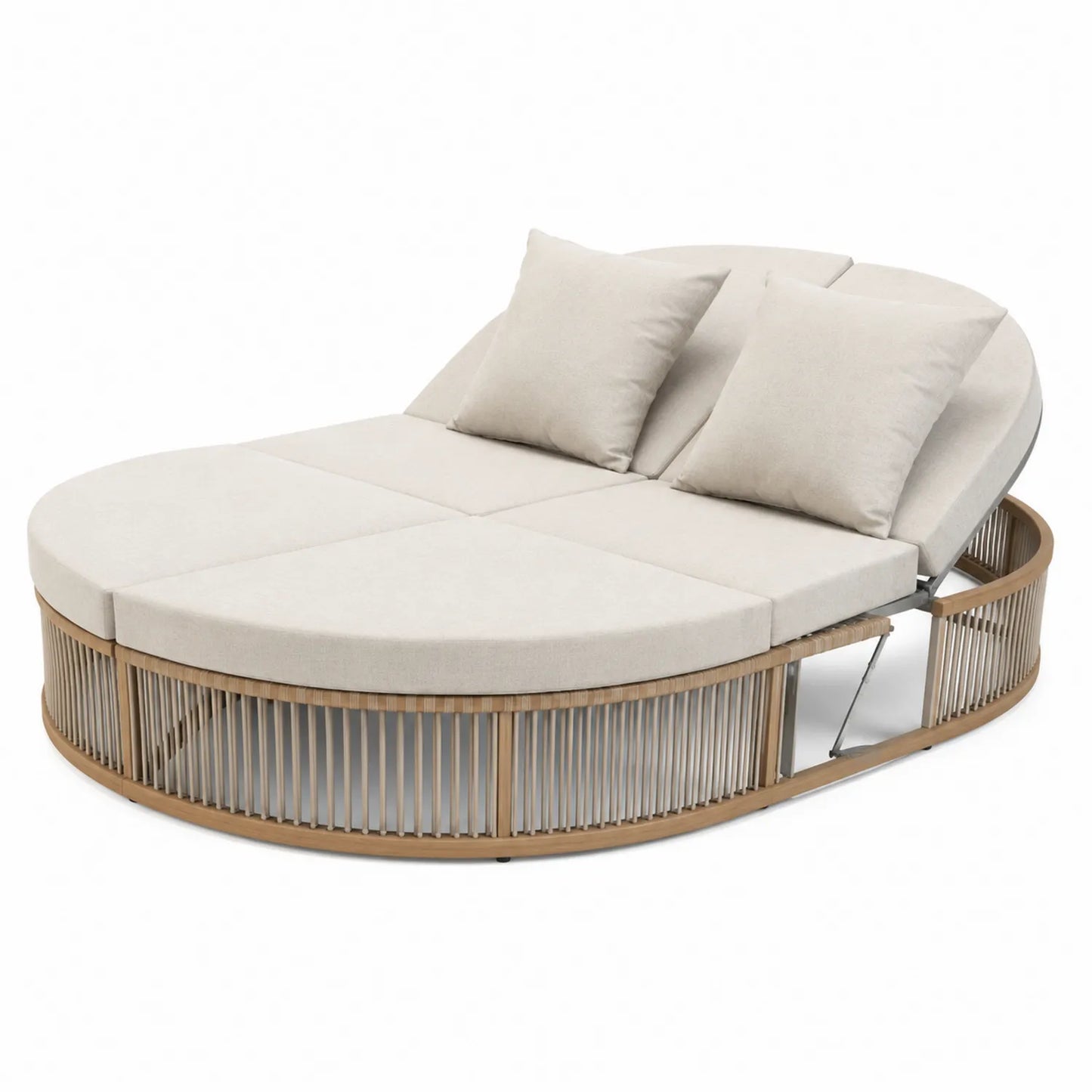 Cama de día redonda de ratán y acero beige con cojines