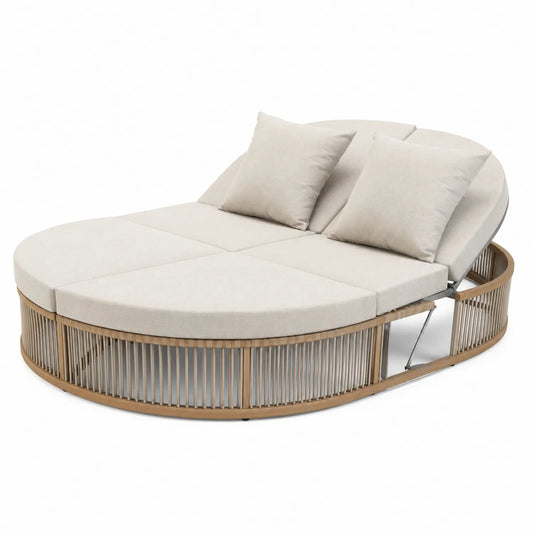 Cama de día redonda de ratán y acero beige con cojines