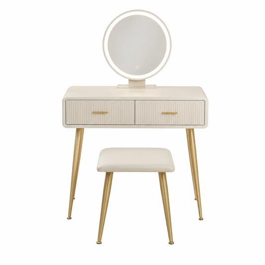 Tocador MDF con Espejo LED Redondo y Taburete, Blanco y Dorado