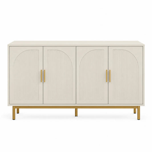 Aparador de Madera MDF Beige con Patas de Acero Dorado 4 Puertas
