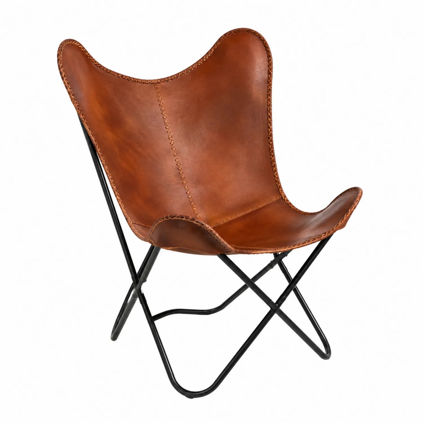 Silla mariposa de piel marrón con estructura de acero negra 80cm x 70cm x 80cm
