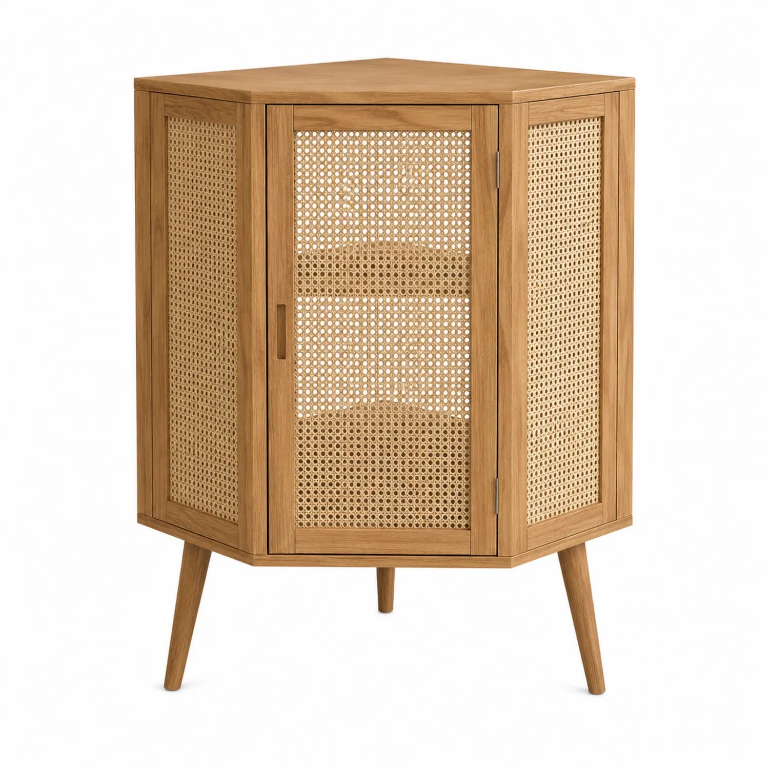 Armario esquinero de madera y ratán