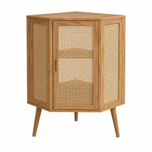 Armario esquinero de madera y ratán