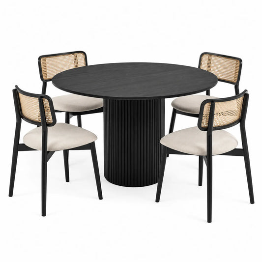 Juego de comedor redondo MDF negro con sillas de ratán y asiento textil