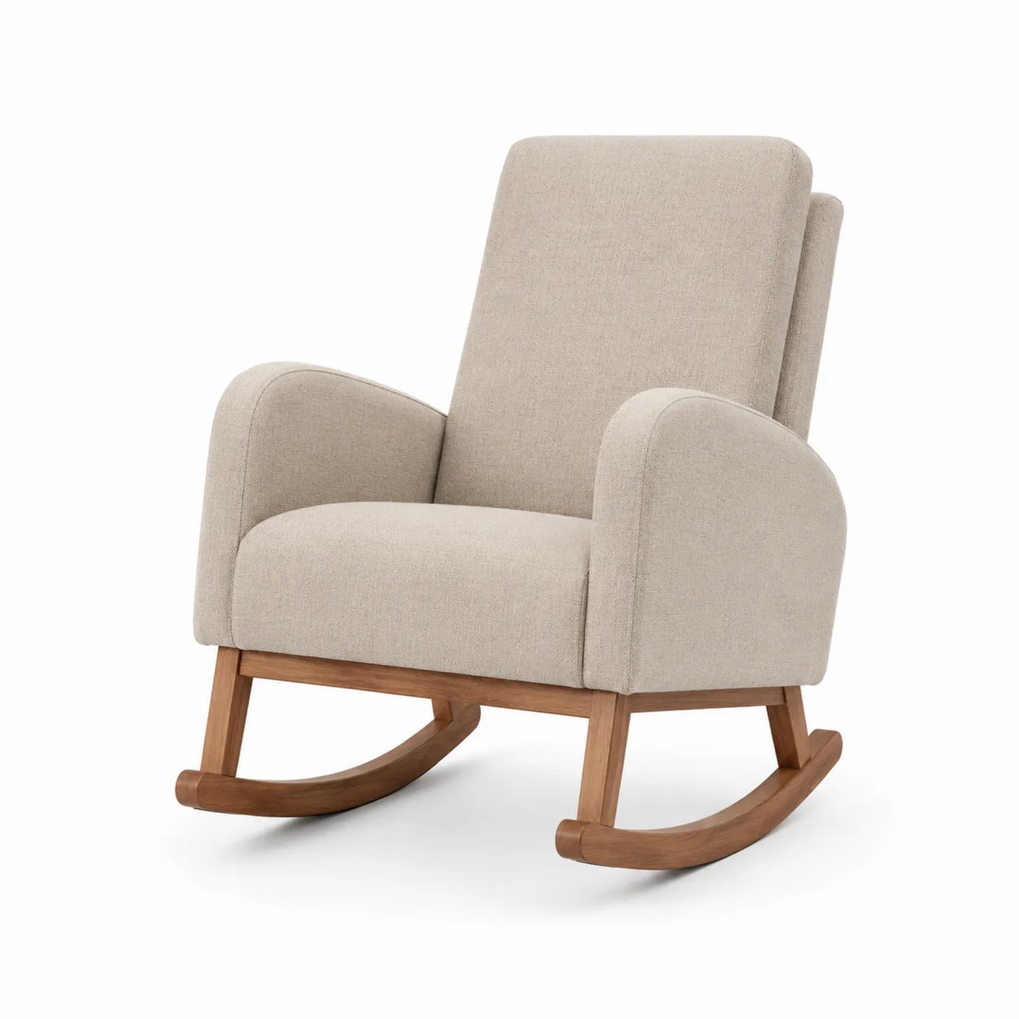 Silla mecedora de tela beige con base de madera