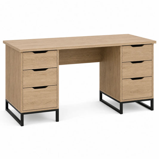 Escritorio de MDF con 6 cajones y patas metálicas Roble