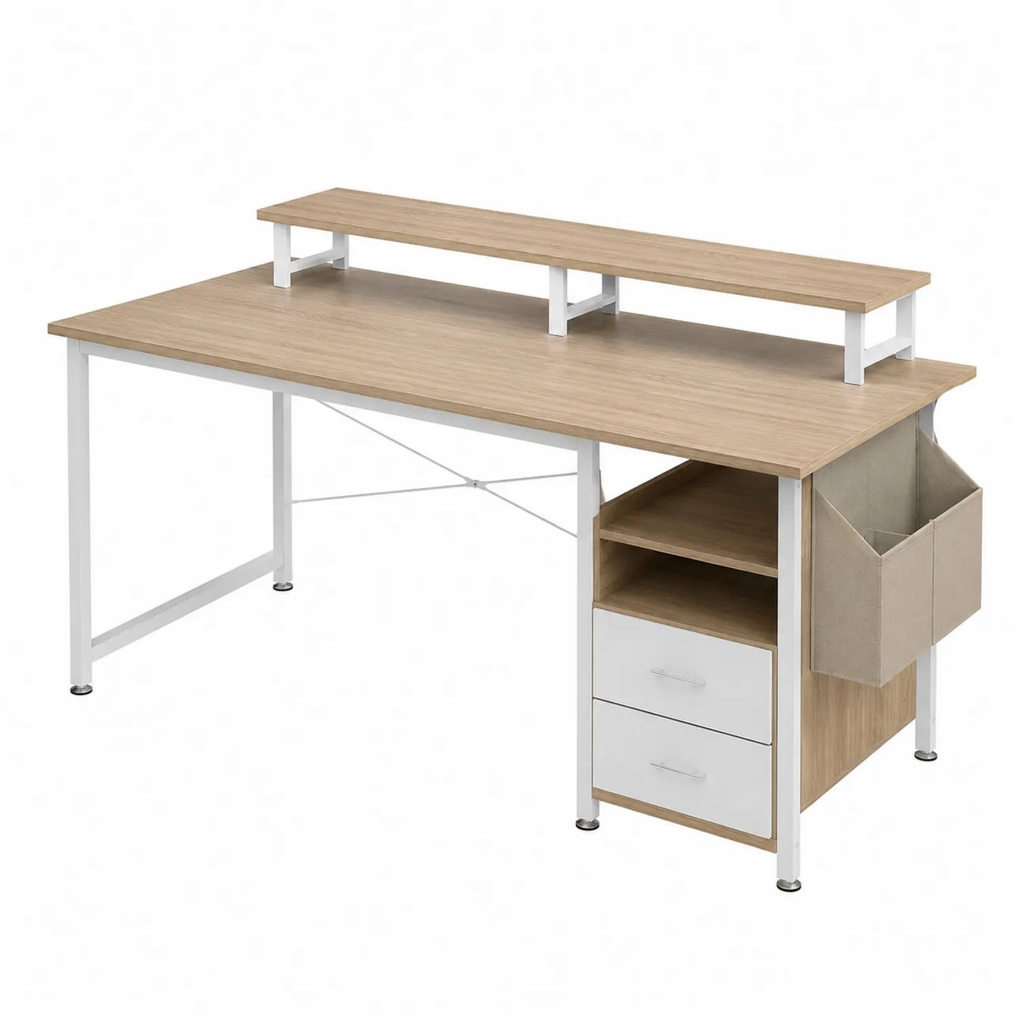 Escritorio de MDF con estantería y cajones, estructura de acero blanco, 140x60x75 cm