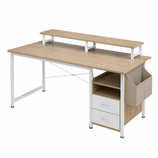 Escritorio de MDF con estantería y cajones, estructura de acero blanco, 140x60x75 cm