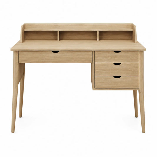 Escritorio de madera de roble con estantes y cajones