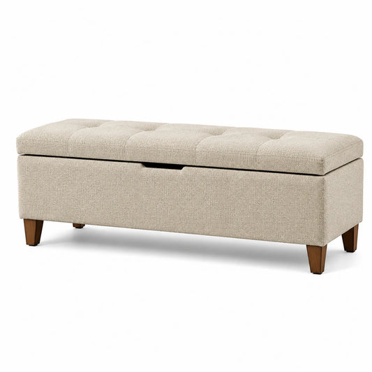 Banco de almacenamiento tapizado en poliéster con patas de madera 120x40x45cm