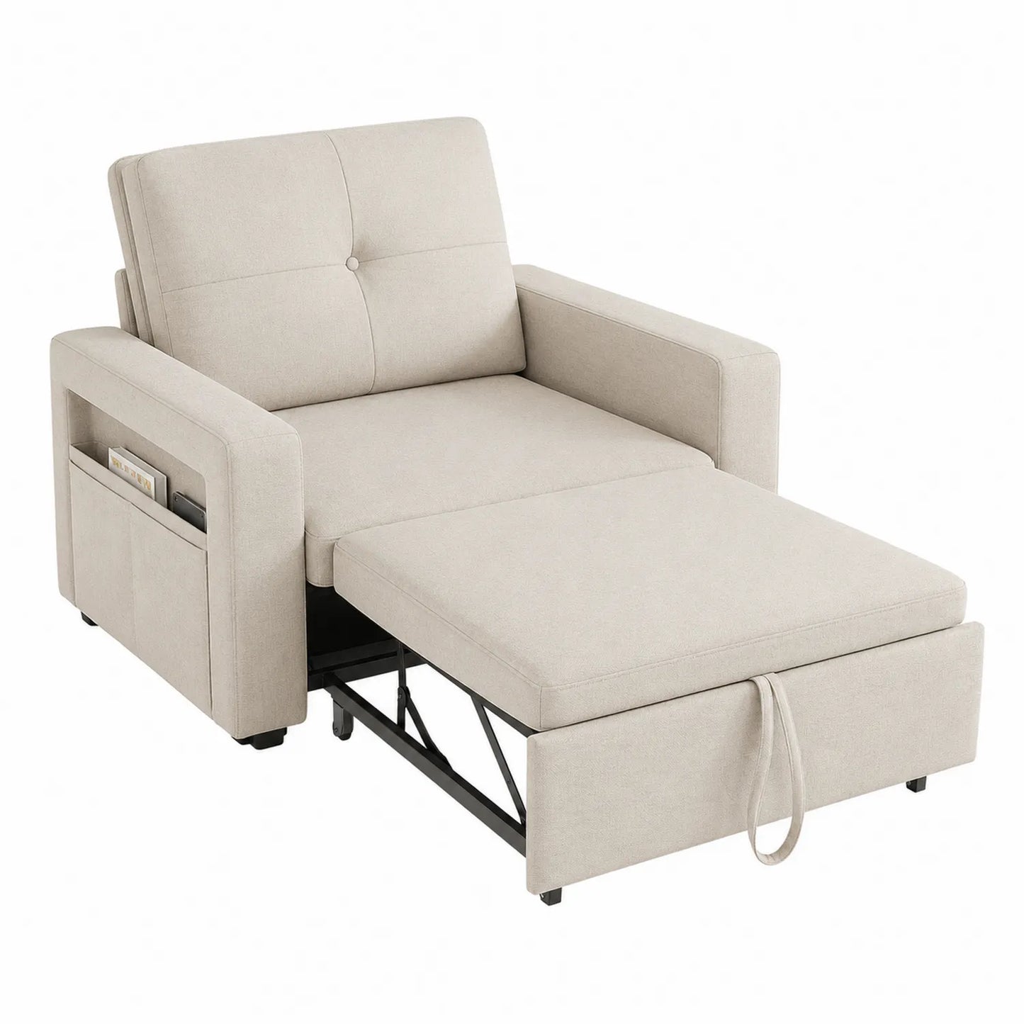 Sofá Cama Beige de Tela de Poliéster con Almacenaje