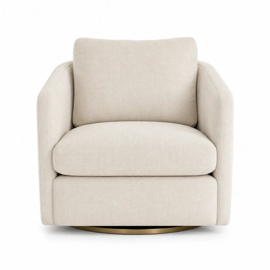 Sillón giratorio de tela beige con base metálica
