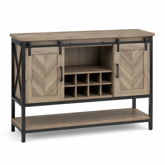 Aparador de Madera y Metal con Estante para Vino y Puertas Correderas Marrón/Negro