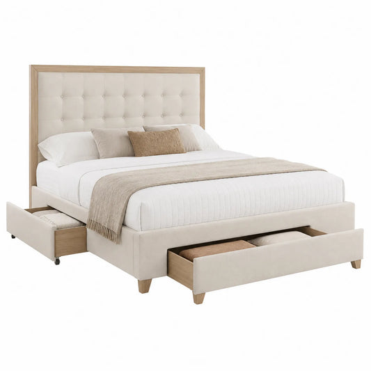 Cama doble con cabecero tapizado y cajones 160x200 cm beige