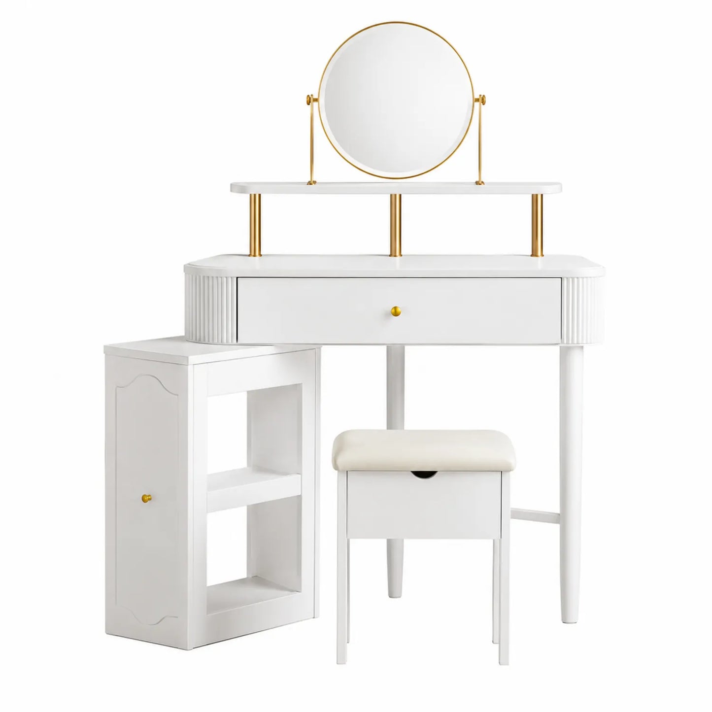 Conjunto de tocador de madera con espejo redondo y taburete blanco
