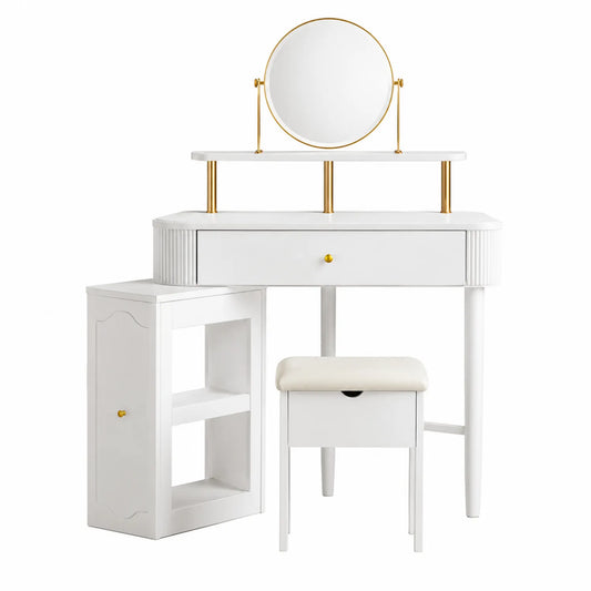 Conjunto de tocador de madera con espejo redondo y taburete blanco