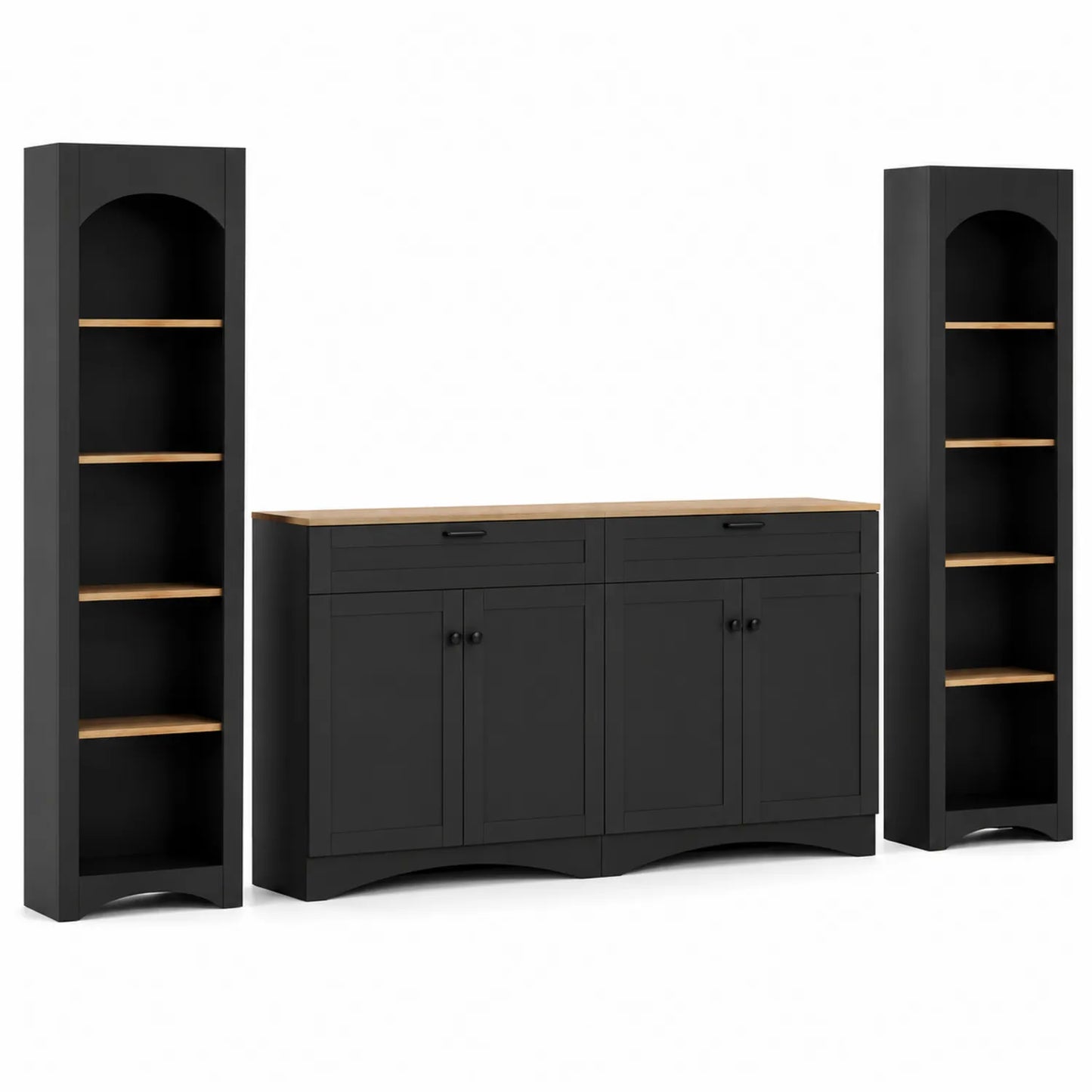 Conjunto de estanterías y aparador de MDF negro mate con estantes de Roble
