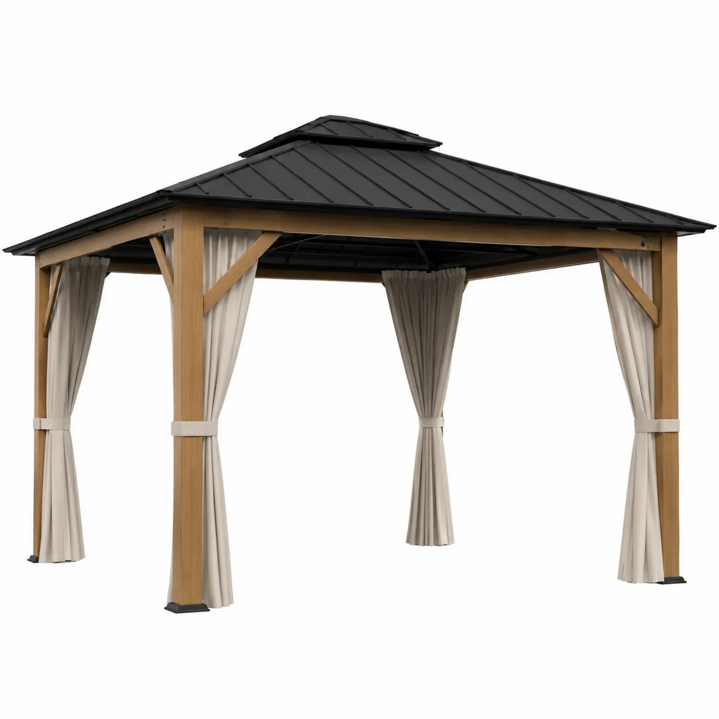 Pérgola de Madera con Techo de Metal y Cortinas de Tela