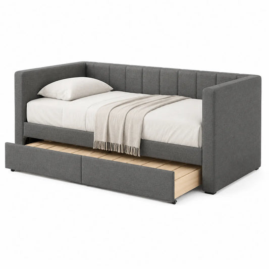 Cama nido tapizada gris con almacenamiento 200cm x 90cm x 80cm