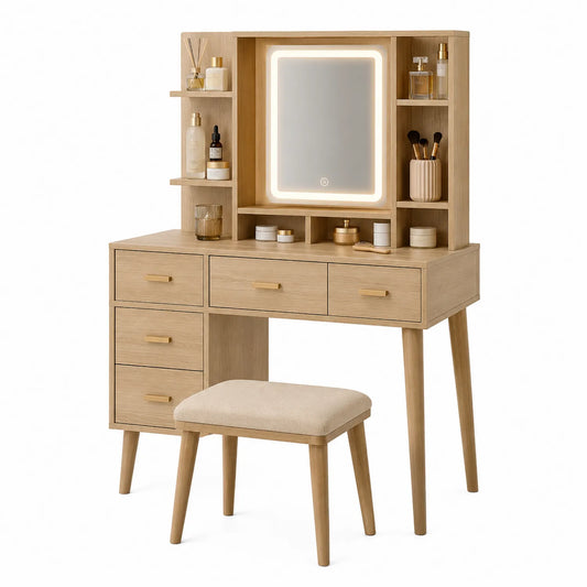 Tocador de Madera de Roble con Espejo LED y Taburete Tapizado