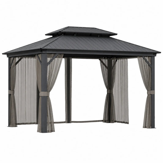 Pérgola de Aluminio con Techo de Acero y Cortinas 4x3m Gris