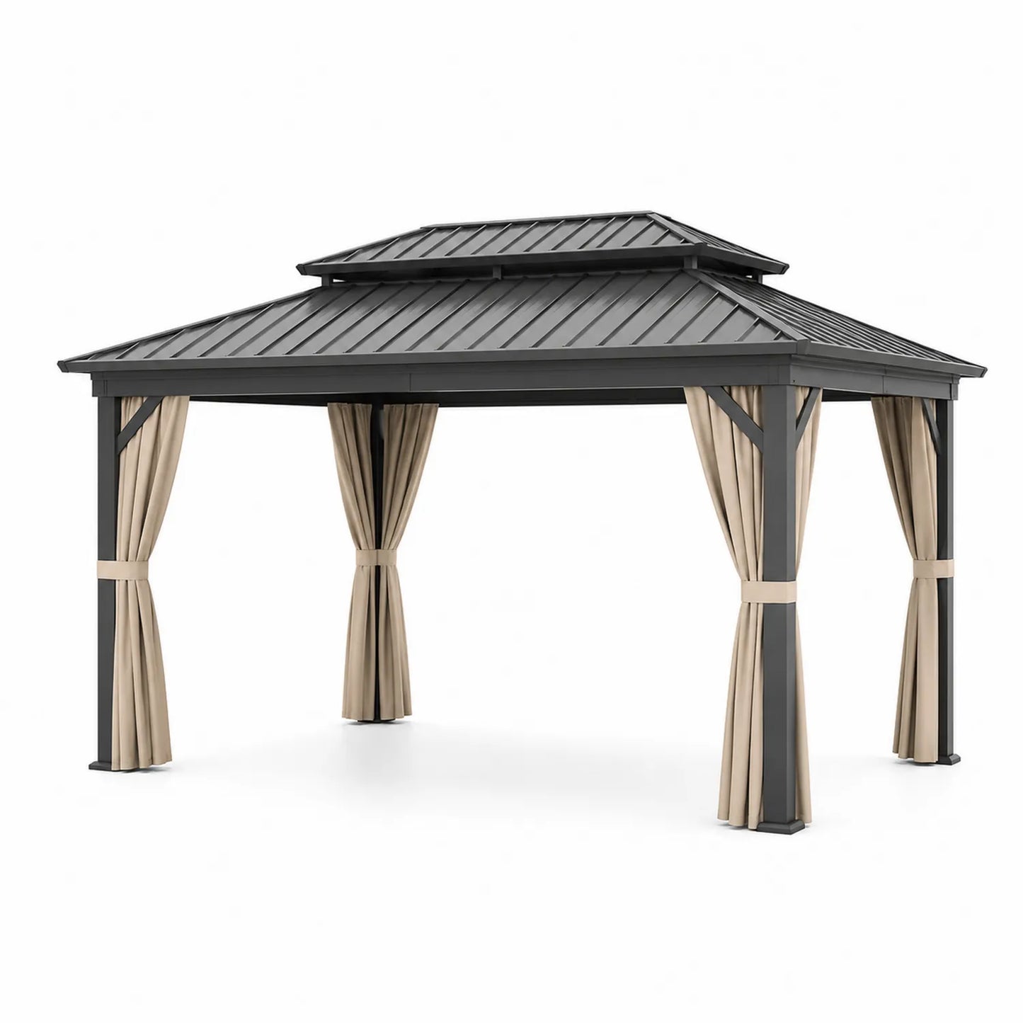 Gazebo de Aluminio con Techo de Acero y Cortinas de Poliéster Negro y Beige
