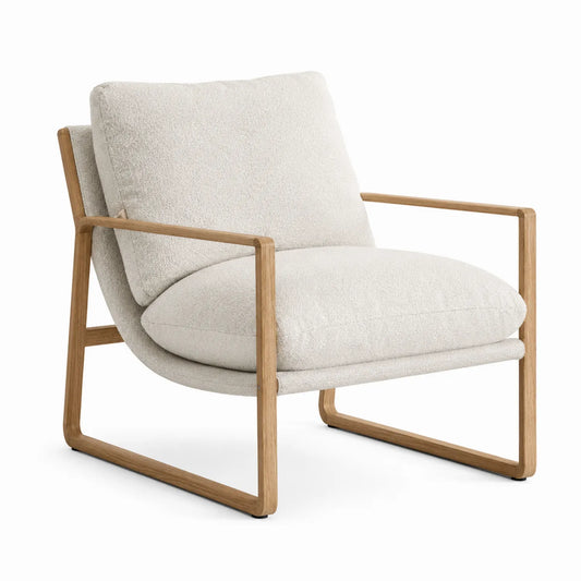 Silla de salón de madera de roble con tapizado de poliéster crema