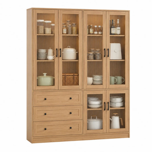 Vitrina de madera con puertas de vidrio y cajones, color Madera, 200x180x40 cm