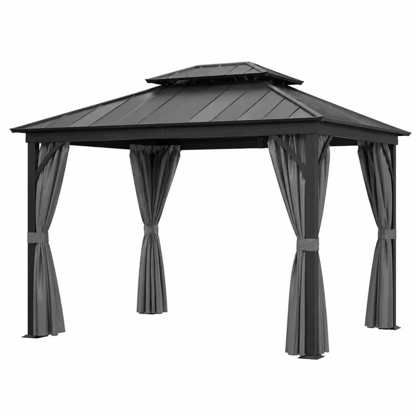 Pérgola de Metal con Techo a Dos Aguas y Cortinas 300x400 cm Negro